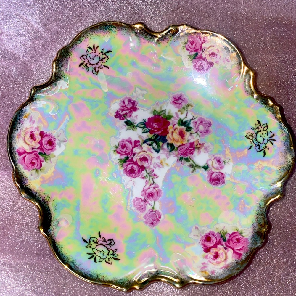 Antique Trinket Dish, Iridescent Floral Rose Gold Edging Limoges France